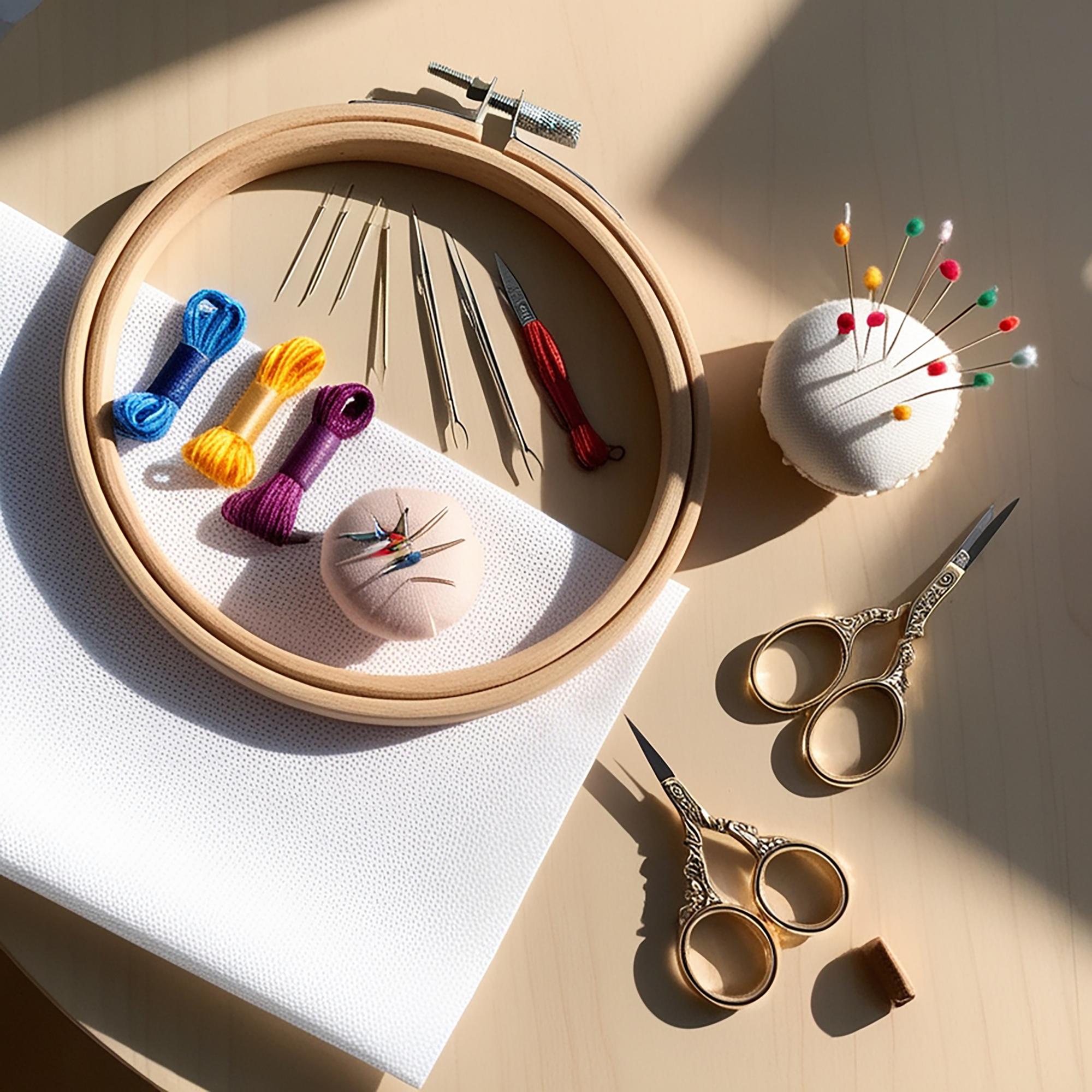 Workshop table with hoops, threads and sketches