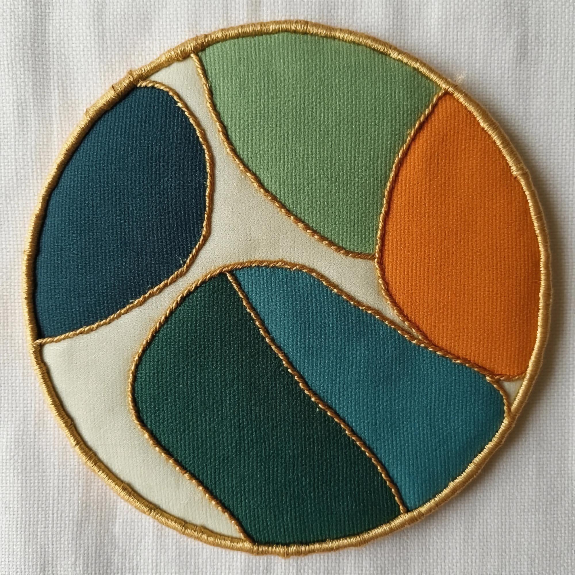 Three embroidered patches laid out on a table