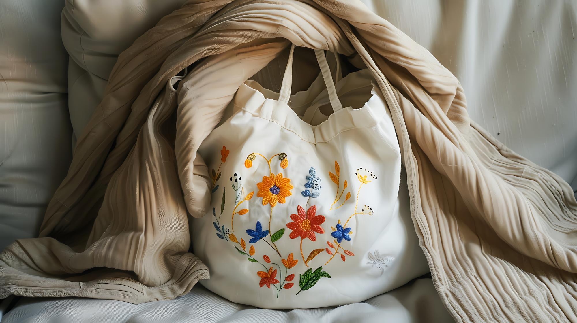 Finished tote with embroidered artwork
